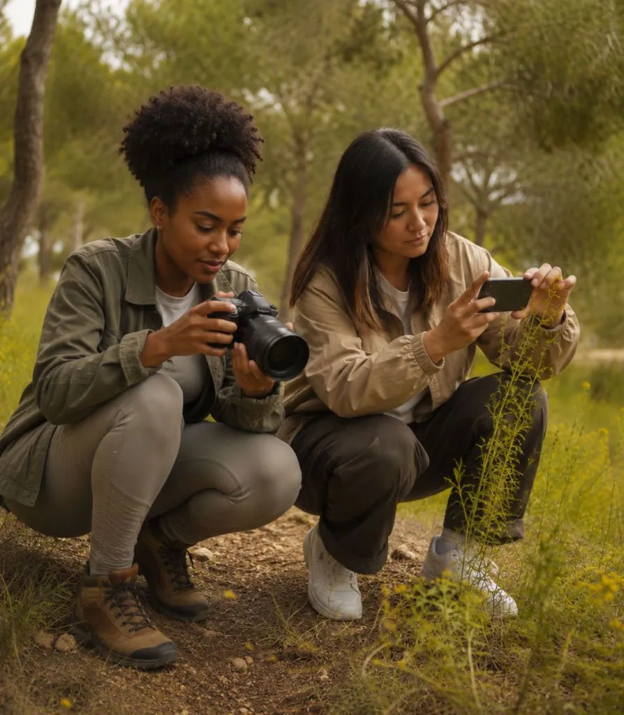Dos participantes tomando fotografías de la naturaleza en Parque Felisa